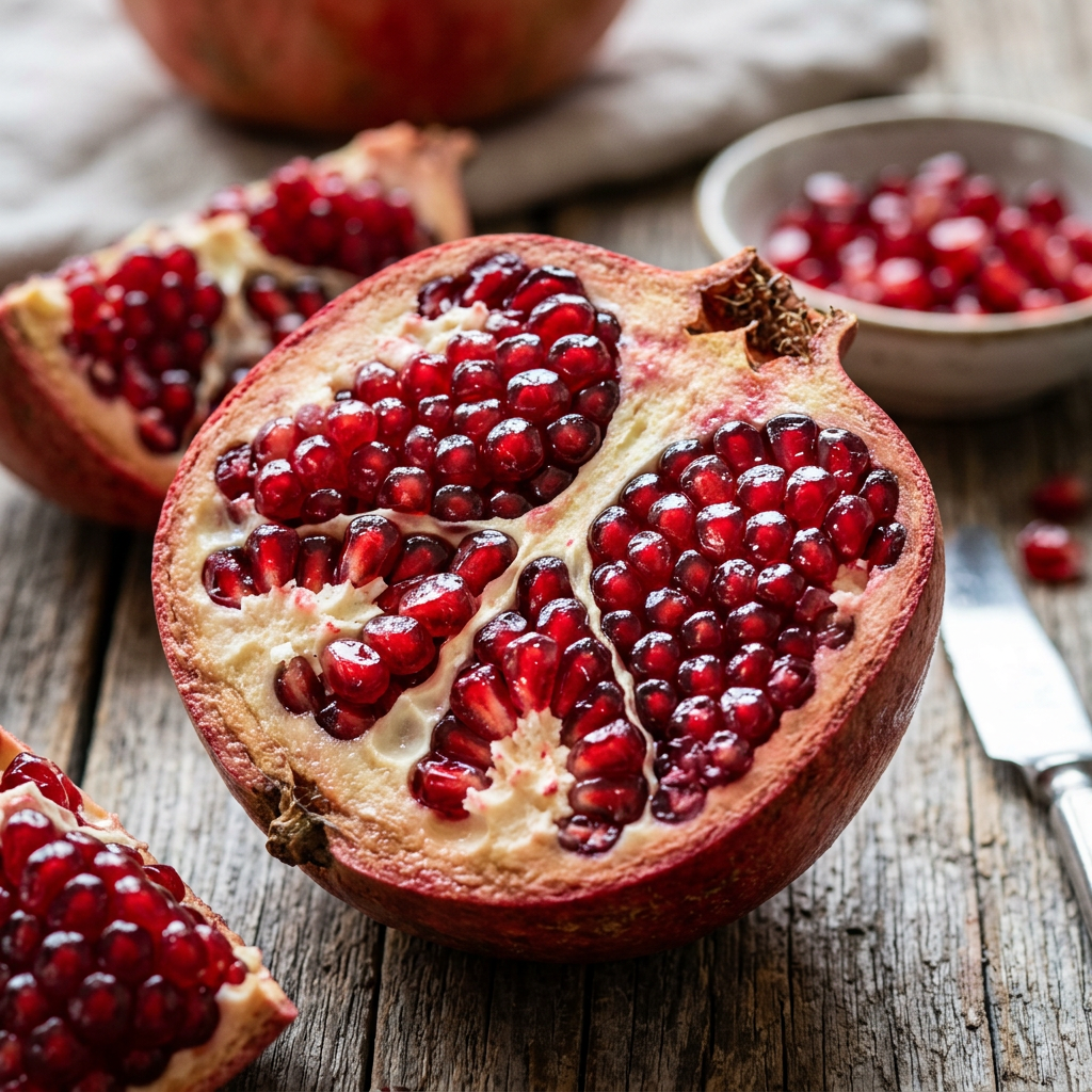 Cut open pomegranate showing bright red seeds on wooden surface
